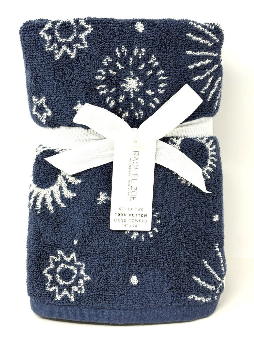 Rachel Zoe Celestial Sun Moon Stars Hand Towels 18x28” Blue Wht Plush NWT 2
